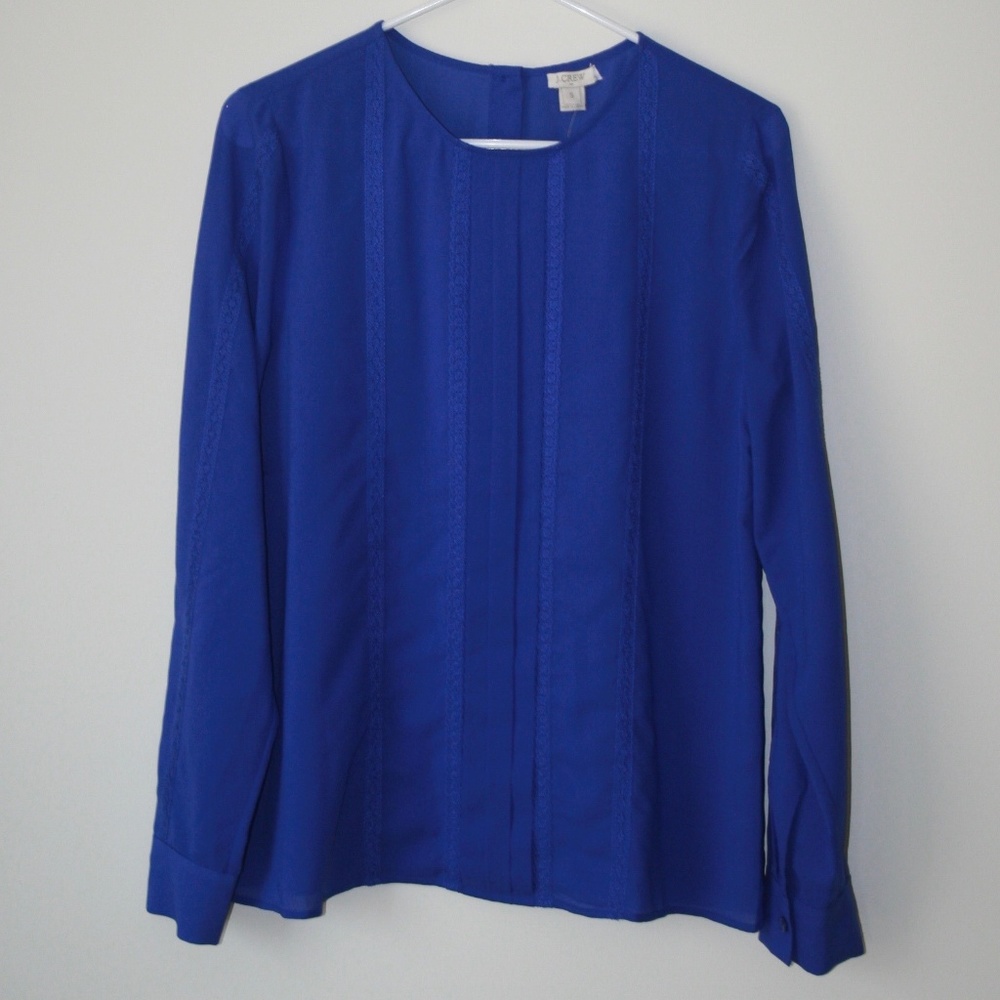 Pleated Lace-Stripe Blouse, J. Crew, Blue, NWT